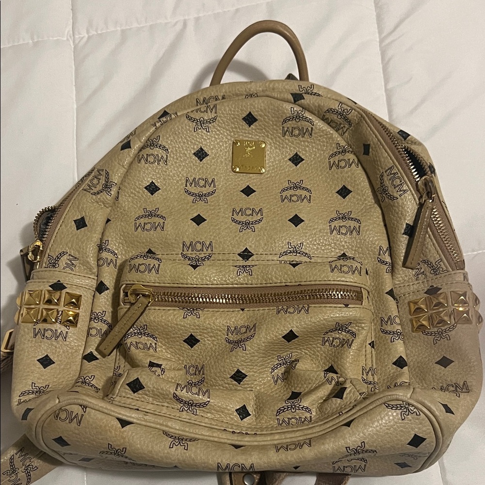 MCM Beige Visetos Logo Mini Backpack with Gold Studs